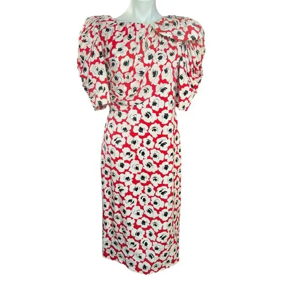 Digna Yero Sakowitz Womens Dress Size 10 Red Blk Wht Puff Sleeves & Draped Yoke - Picture 10 of 16